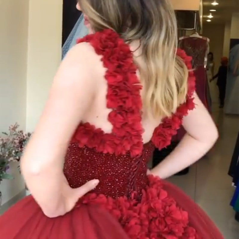 Maroon Tulle Ball Gown Flower Wedding Dresses With Crystal Beaded Bodice