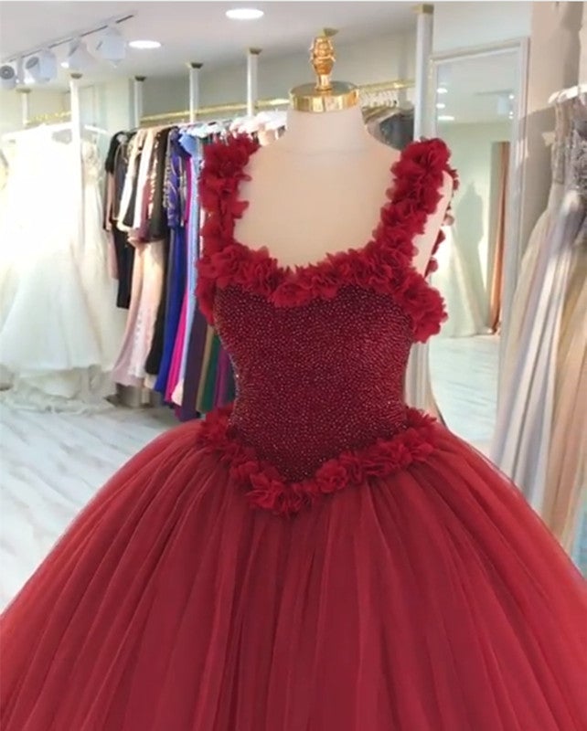 Maroon Tulle Ball Gown Flower Wedding Dresses With Crystal Beaded Bodice