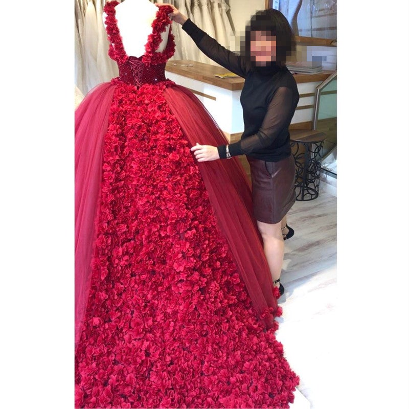 Maroon Tulle Ball Gown Flower Wedding Dresses With Crystal Beaded Bodice