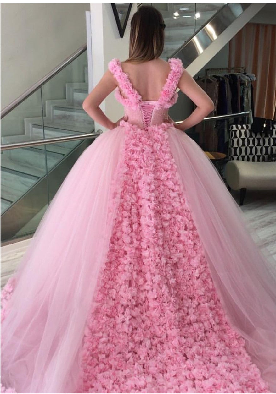 Maroon Tulle Ball Gown Flower Wedding Dresses With Crystal Beaded Bodice