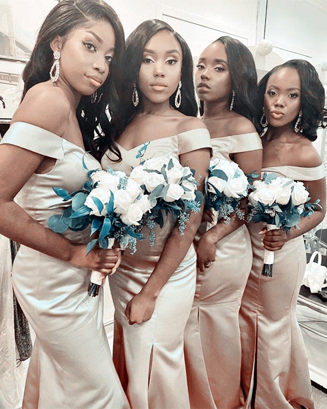 Mermaid Split Bridesmaid Dresses Satin Off Shoulder