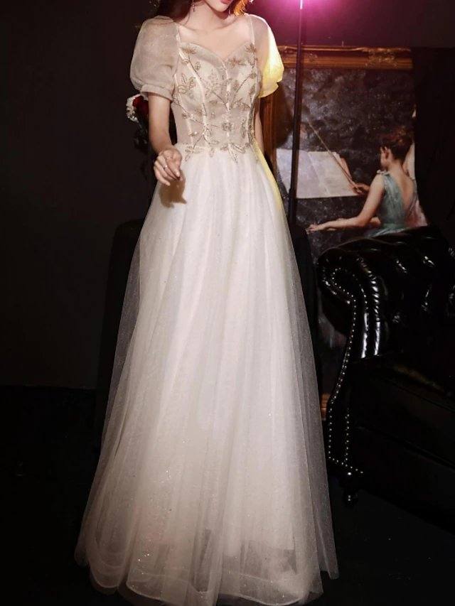 A-Line Luxurious Princess Engagement Prom Dress Off Shoulder Short Sleeve Floor Length Tulle with Appliques - RongMoon