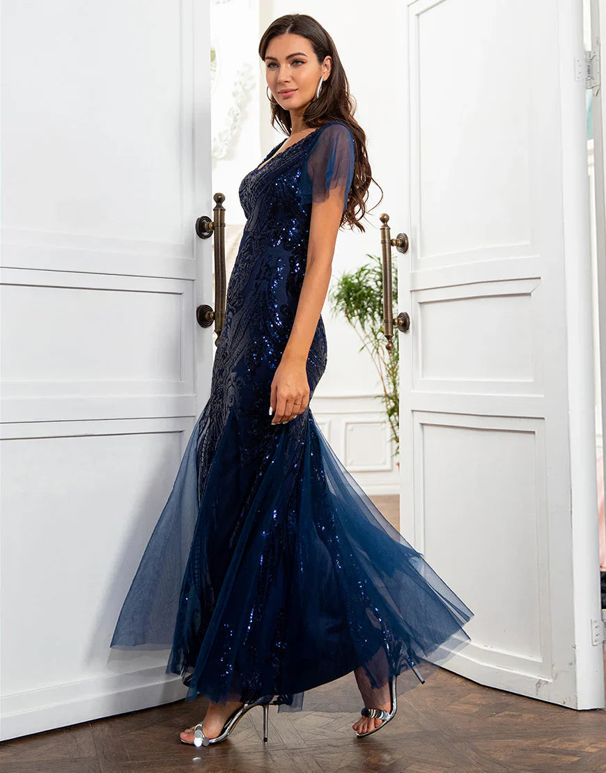 Navy blue sequin fish tail mother of the bride dress