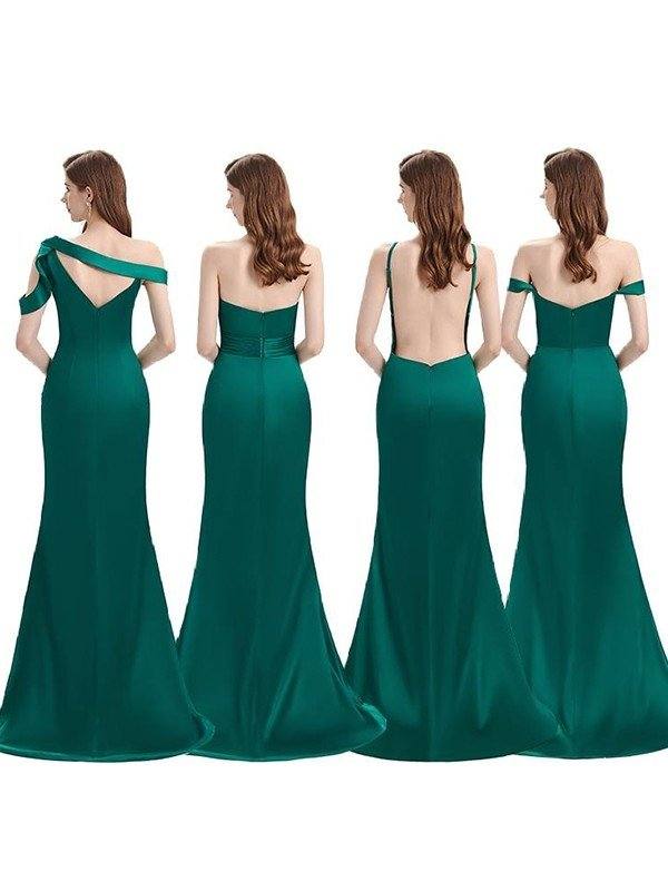 Sheath/Column Off-the-Shoulder Elastic Woven Satin Ruched Sleeveless Sweep/Brush Train Bridesmaid Dresses - RongMoon