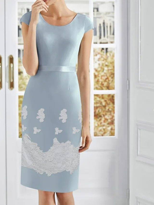 Two Piece Sheath / Column Mother of the Bride Dress Elegant Jewel Neck Knee Length Lace Satin 3/4 Length Sleeve with Appliques - RongMoon