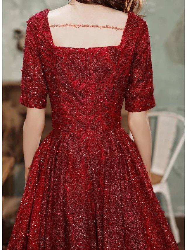 A-Line Glittering Minimalist Wedding Guest Formal Evening Dress Scoop Neck Short Sleeve Floor Length Sequined with Pleats Sequin - RongMoon