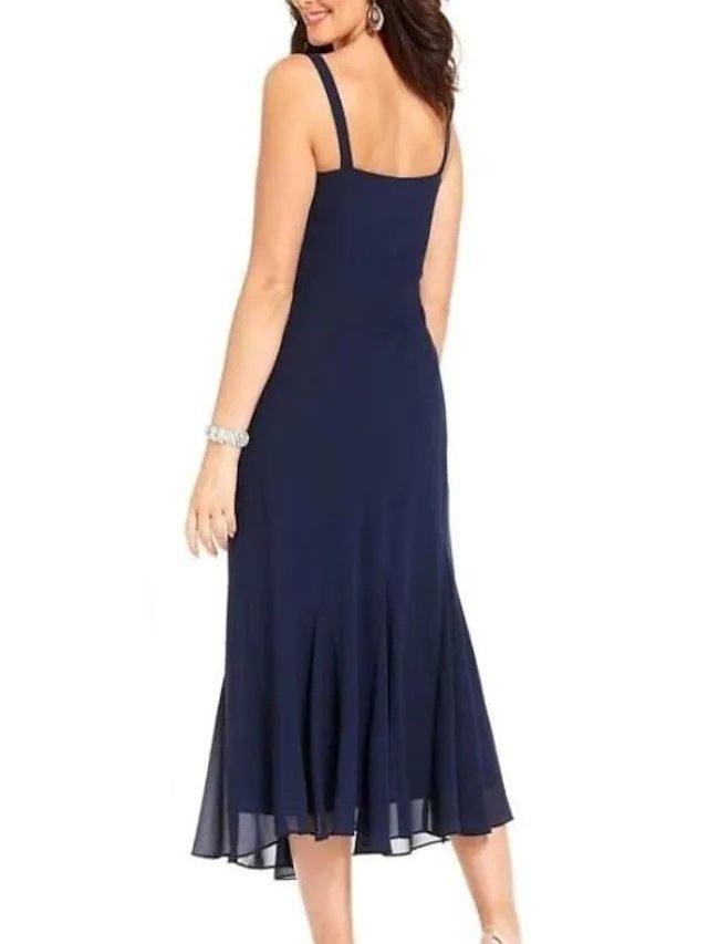 Sheath / Column Mother of the Bride Dress Sexy Bateau Neck Ankle Length Chiffon Long Sleeve with Lace - RongMoon