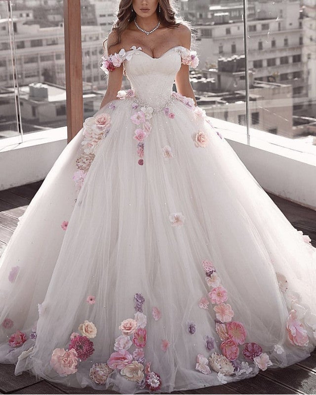 Off Shoulder Tulle Ball Gown Wedding Dresses Floral Flowers Beaded