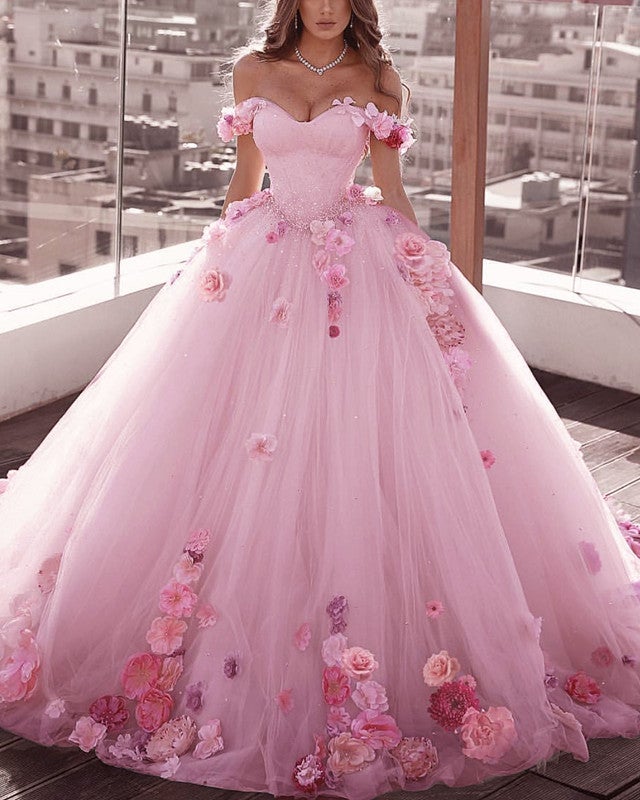 Off Shoulder Tulle Ball Gown Wedding Dresses Floral Flowers Beaded