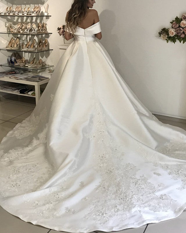Off The Shoulder Ball Gown Wedding Satin Dresses Lace Embroidery