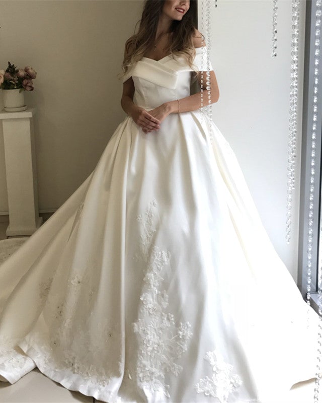 Off The Shoulder Ball Gown Wedding Satin Dresses Lace Embroidery