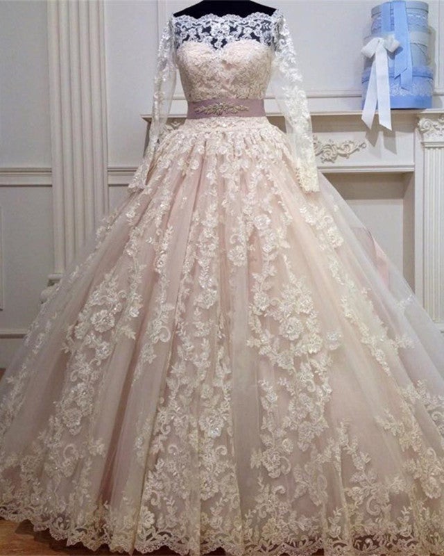 Off The Shoulder Long Sleeves Ball Gown Wedding Lace Dresses With Bow Sashes