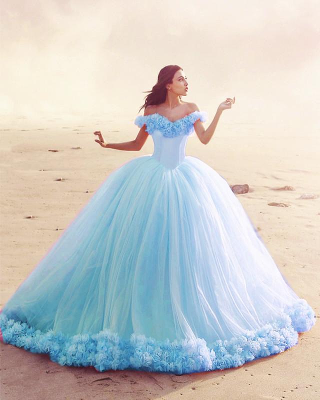 Off The Shoulder Tulle Flower Wedding Dresses Ball Gowns