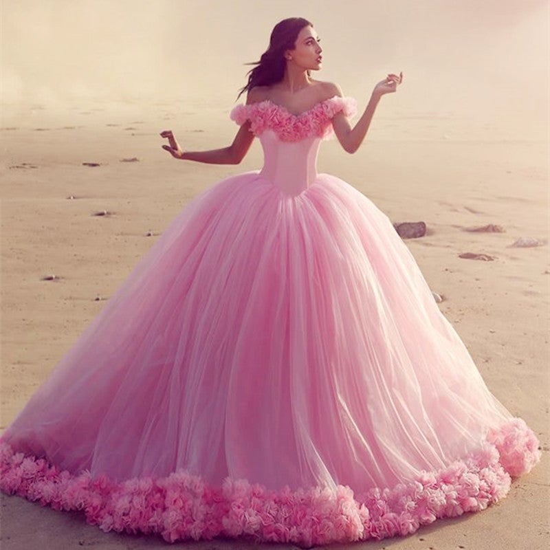 Off The Shoulder Tulle Flower Wedding Dresses Ball Gowns