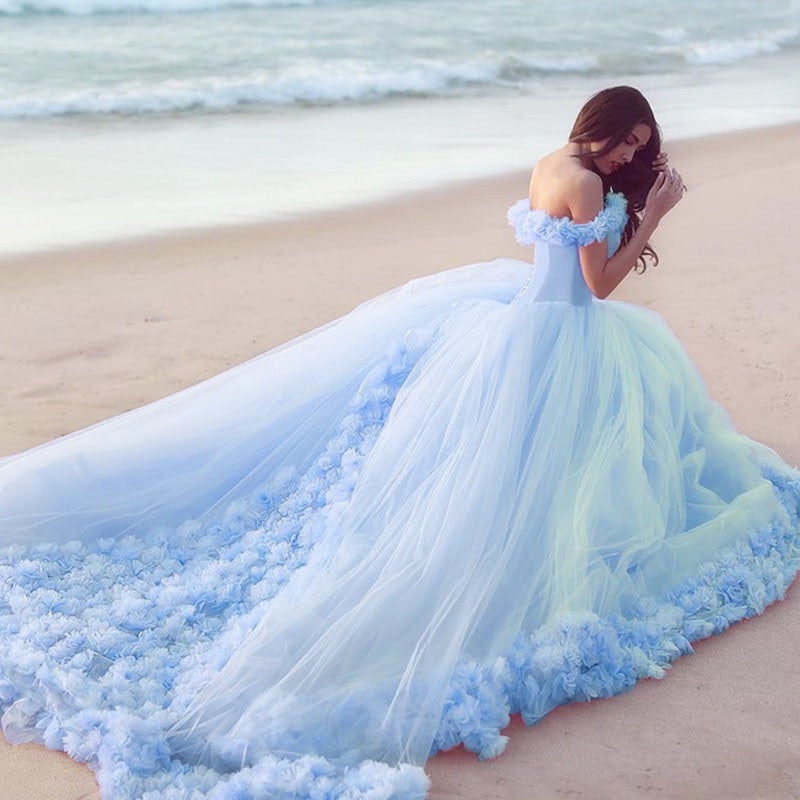 Off The Shoulder Tulle Flower Wedding Dresses Ball Gowns