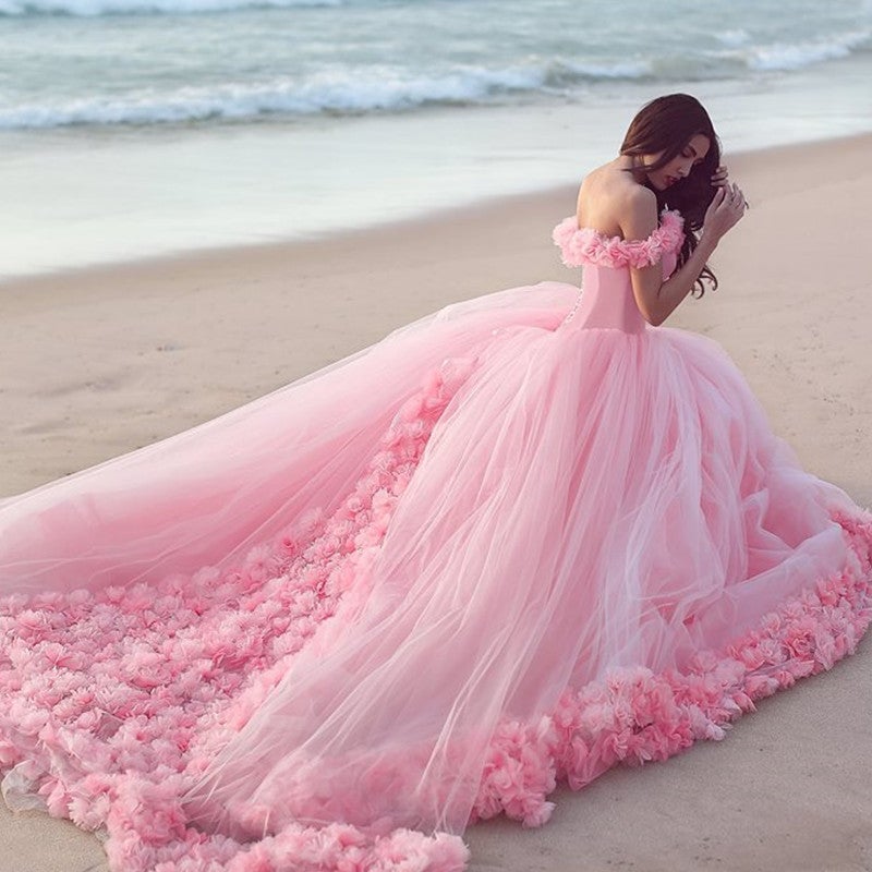 Off The Shoulder Tulle Flower Wedding Dresses Ball Gowns