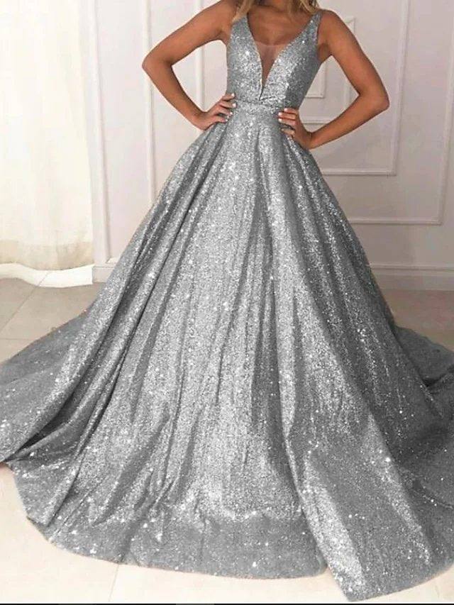 Ball Gown Luxurious Sparkle Quinceanera Prom Dress V Neck Sleeveless Sweep / Brush Train Sequined with Pleats Sequin - RongMoon