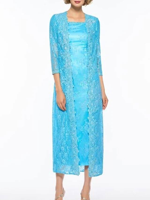 Two Piece Sheath / Column Mother of the Bride Dress Elegant Square Neck Ankle Length Lace 3/4 Length Sleeve with Lace - RongMoon