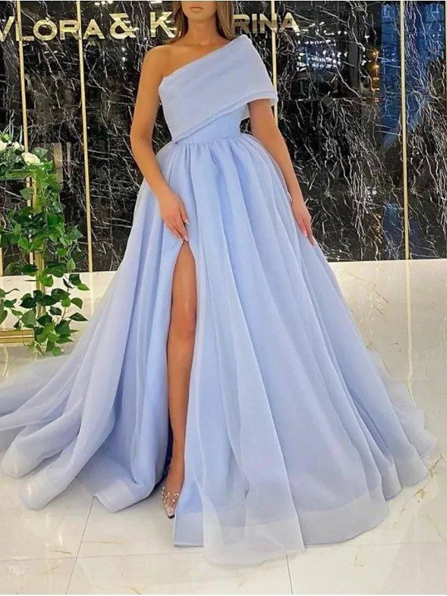 A-Line Luxurious Elegant Engagement Prom Dress One Shoulder Sleeveless Sweep / Brush Train Tulle with Split - RongMoon
