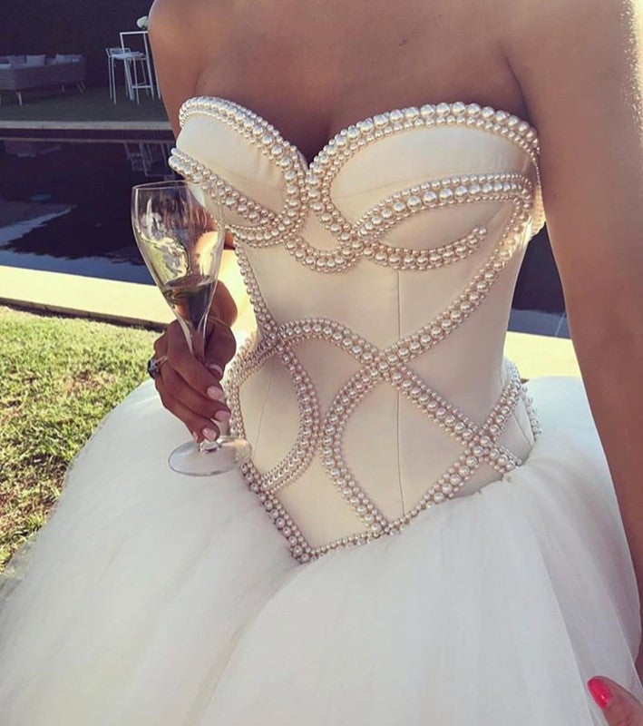 Pearl Beaded Satin Corset Sweetheart Wedding Dresses Ball Gowns