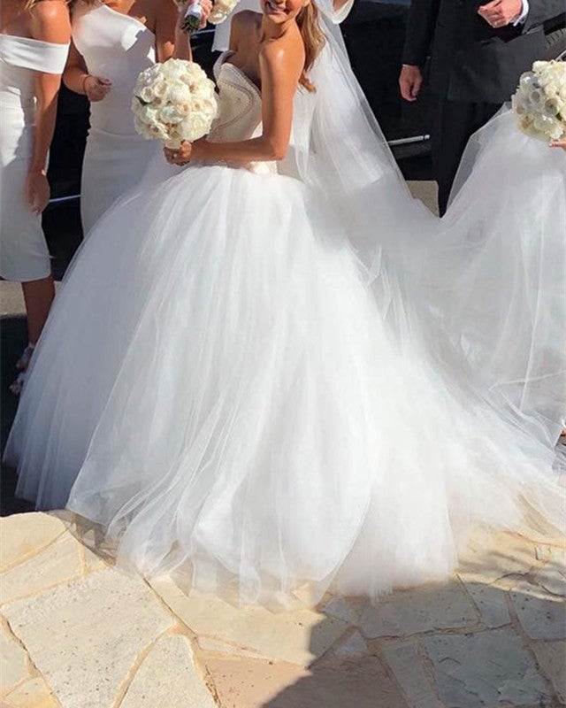 Pearl Beaded Satin Corset Sweetheart Wedding Dresses Ball Gowns