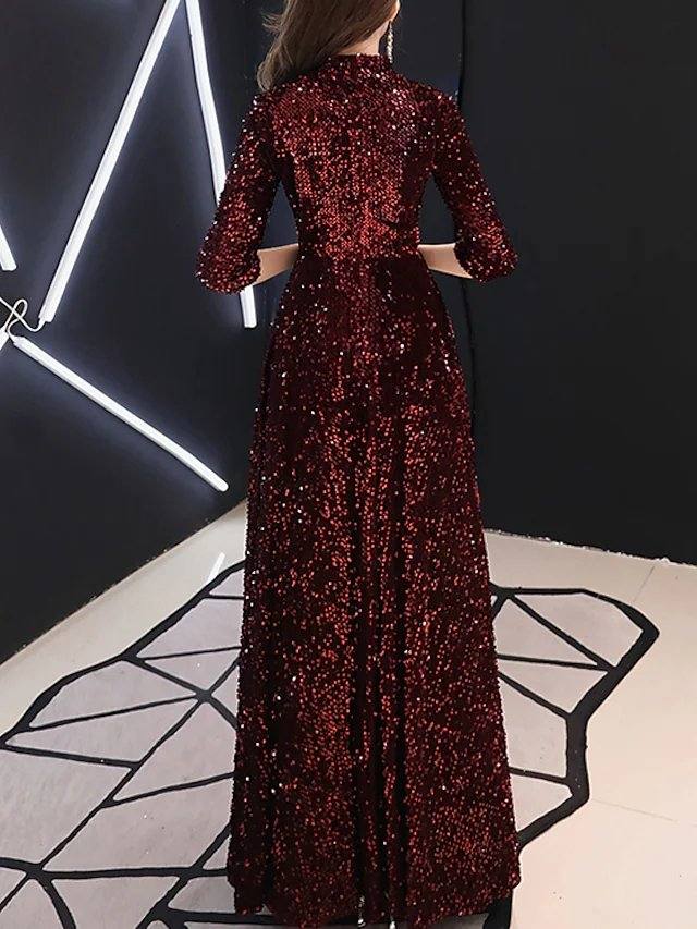 A-Line Minimalist Sparkle Prom Formal Evening Dress Jewel Neck 3/4 Length Sleeve Floor Length Sequined with Sequin Solid - RongMoon