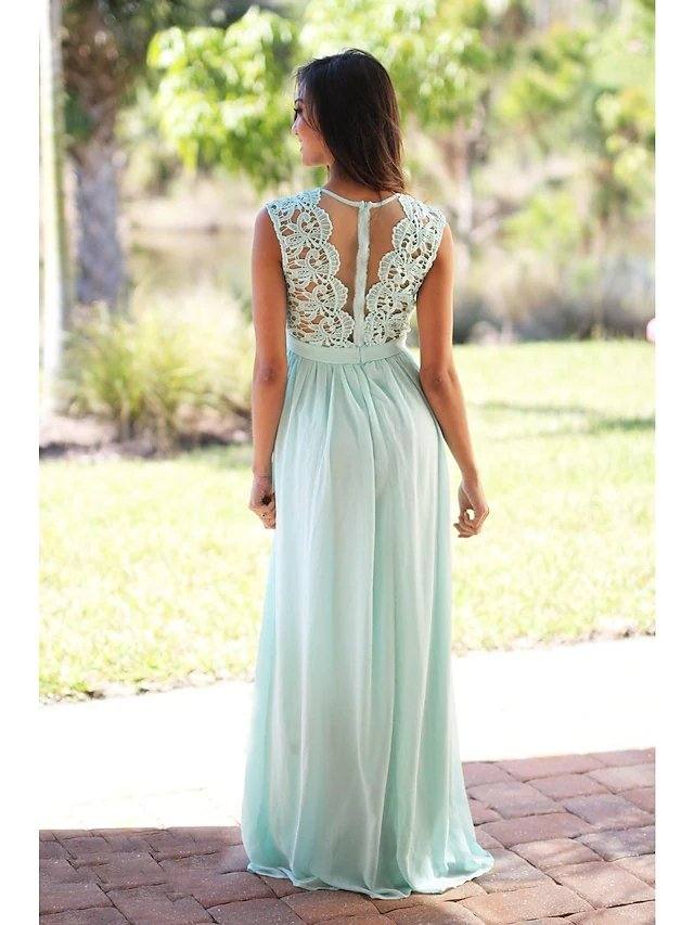 A-Line Jewel Neck Floor Length Chiffon / Lace Bridesmaid Dress with Sash / Ribbon / Pleats - RongMoon