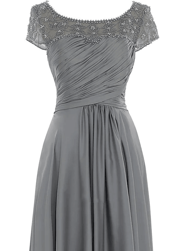 Sheath / Column Mother of the Bride Dress Elegant Jewel Neck Floor Length Chiffon Sleeveless with Pleats Beading - RongMoon