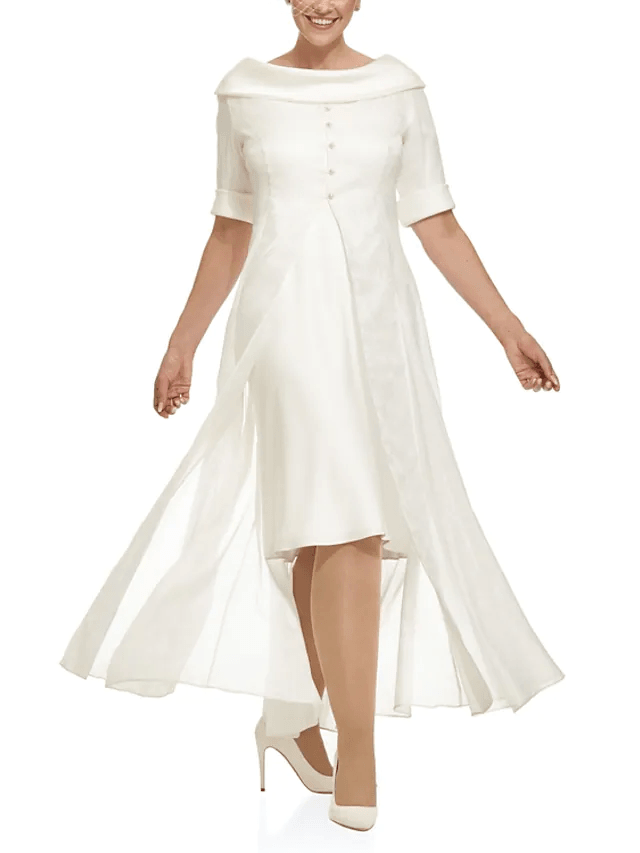 Sheath / Column Mother of the Bride Dress Elegant Cowl Neck Knee Length Chiffon Satin Half Sleeve with Buttons - RongMoon