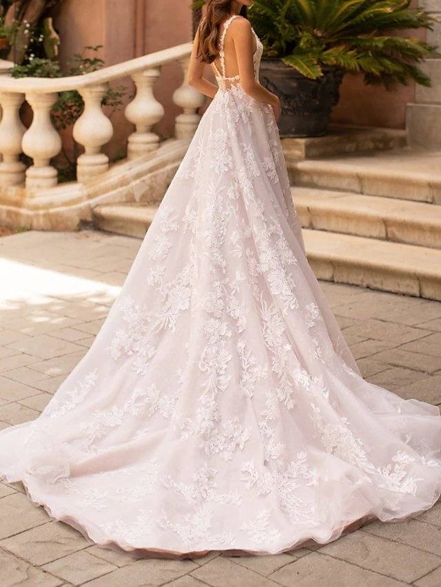 A-Line Wedding Dresses V Neck Court Train Lace Tulle Sleeveless Formal Plus Size with Lace Insert Appliques - RongMoon