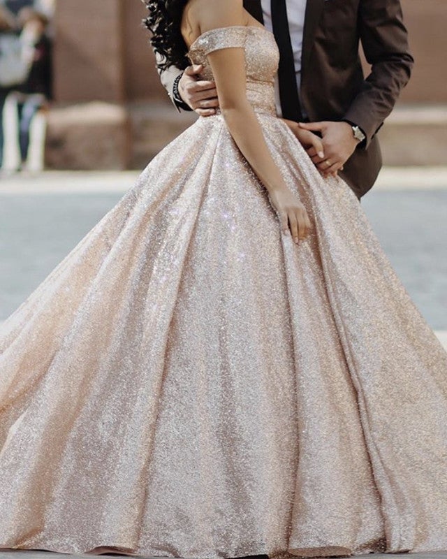 Rose Gold Sequin Ball Gown Dresses Off-the-shoulder