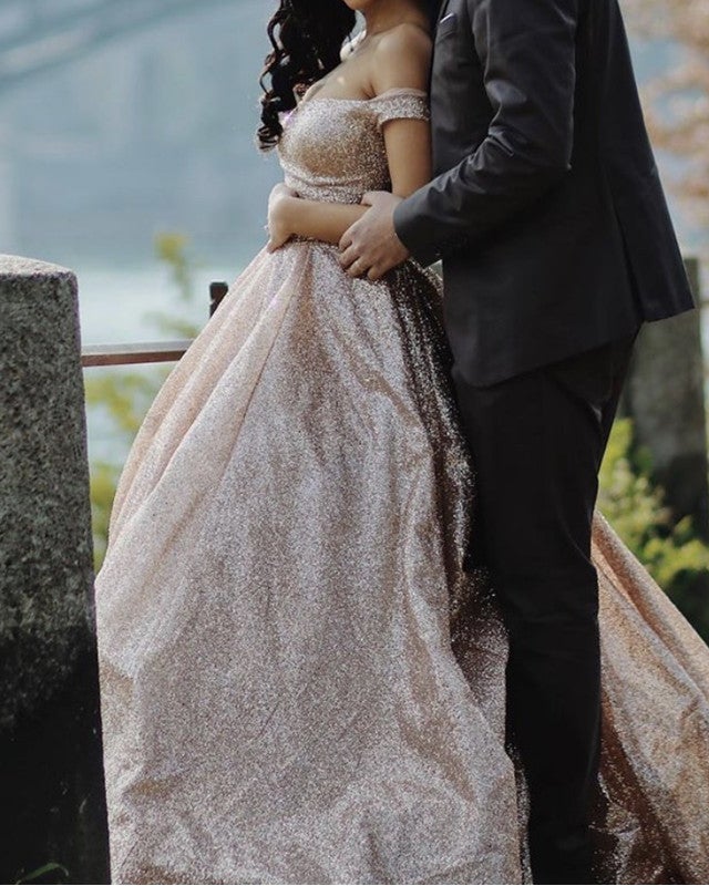 Rose Gold Sequin Ball Gown Dresses Off-the-shoulder