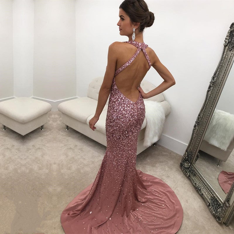 Rose Pink Satin Halter Mermaid Crystal Prom Dresses