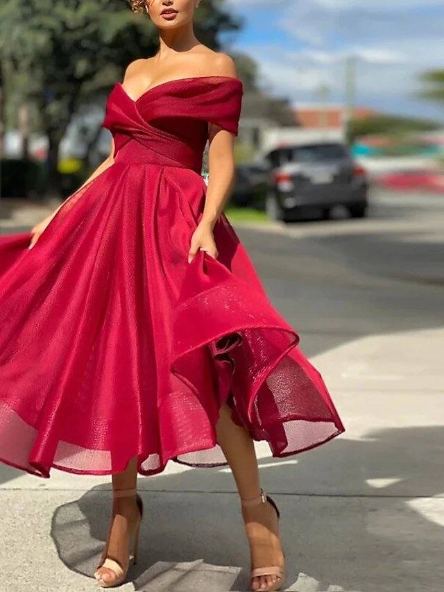 A-Line Empire Minimalist Party Wear Prom Dress Off Shoulder Sleeveless Tea Length Tulle with Pleats - RongMoon