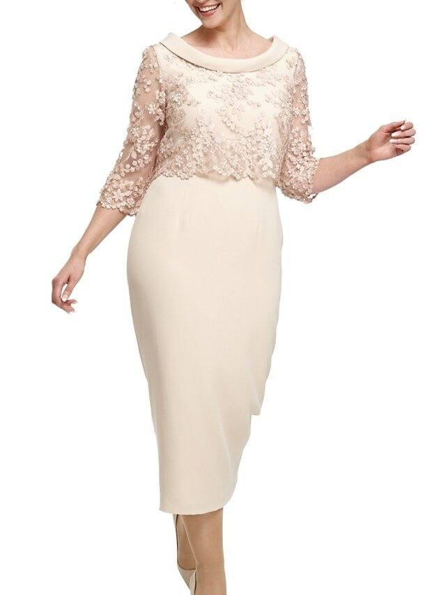 Sheath / Column Mother of the Bride Dress Elegant Jewel Neck Knee Length Lace Satin 3/4 Length Sleeve with Appliques - RongMoon