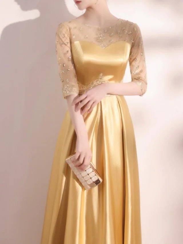 A-Line Elegant Homecoming Formal Evening Dress Jewel Neck Half Sleeve Floor Length Satin with Appliques - RongMoon