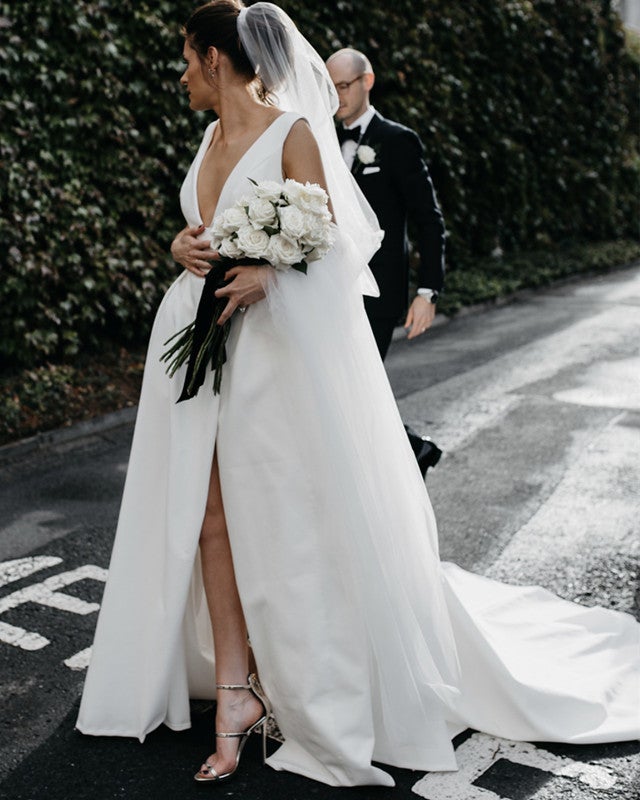 Sexy Leg Split Plunge V-neck Long Satin Wedding Dresses