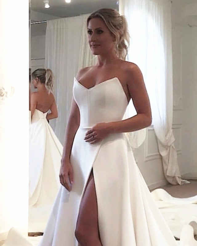 Sleek Satin Strapless Corset Satin Wedding Dress Split