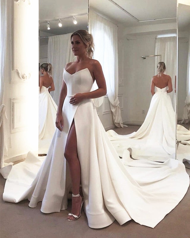 Sleek Satin Strapless Corset Satin Wedding Dress Split
