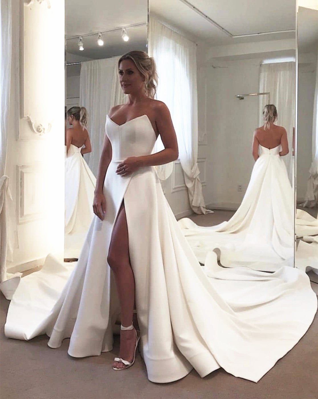 Sleek Satin Strapless Corset Satin Wedding Dress Split