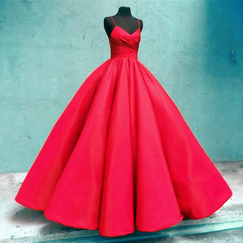 Spaghetti Straps V Neck Satin Wedding Dresses Ball Gowns