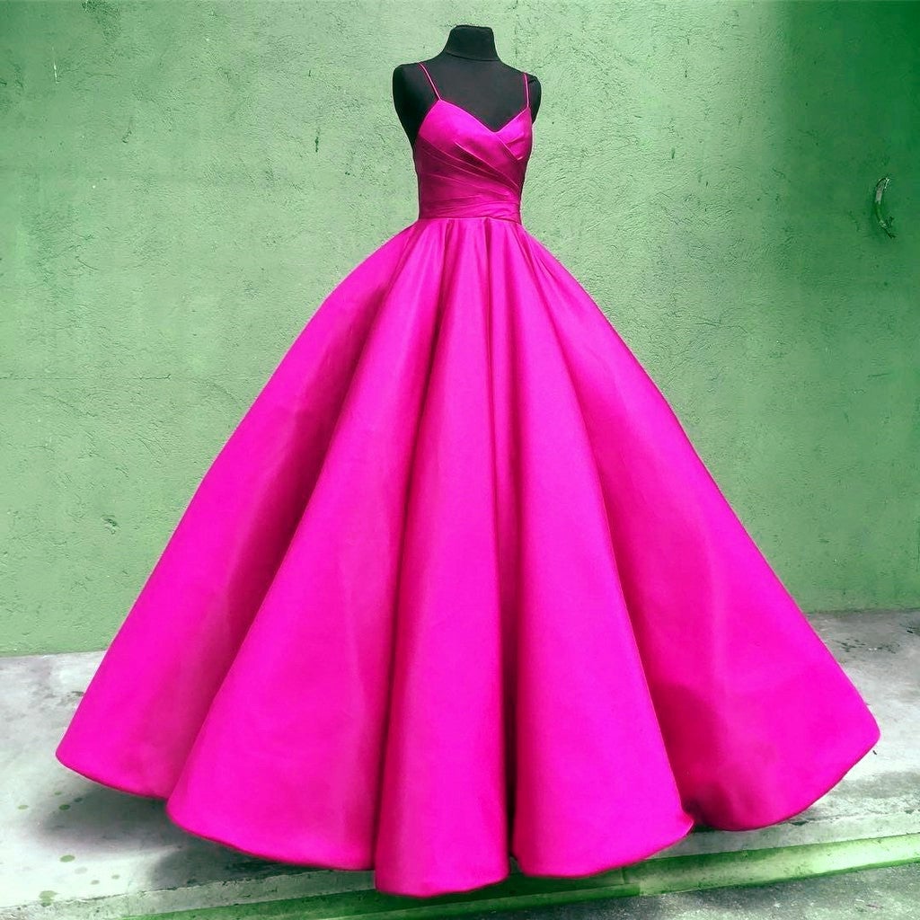 Spaghetti Straps V Neck Satin Wedding Dresses Ball Gowns