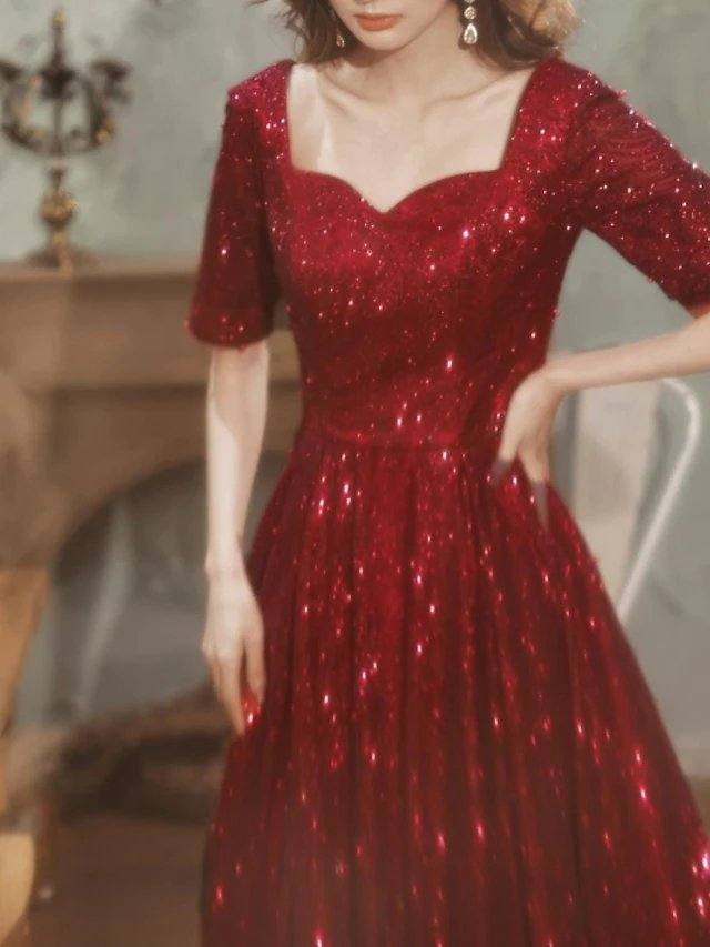 A-Line Glittering Minimalist Wedding Guest Formal Evening Dress Scoop Neck Short Sleeve Floor Length Sequined with Pleats Sequin - RongMoon