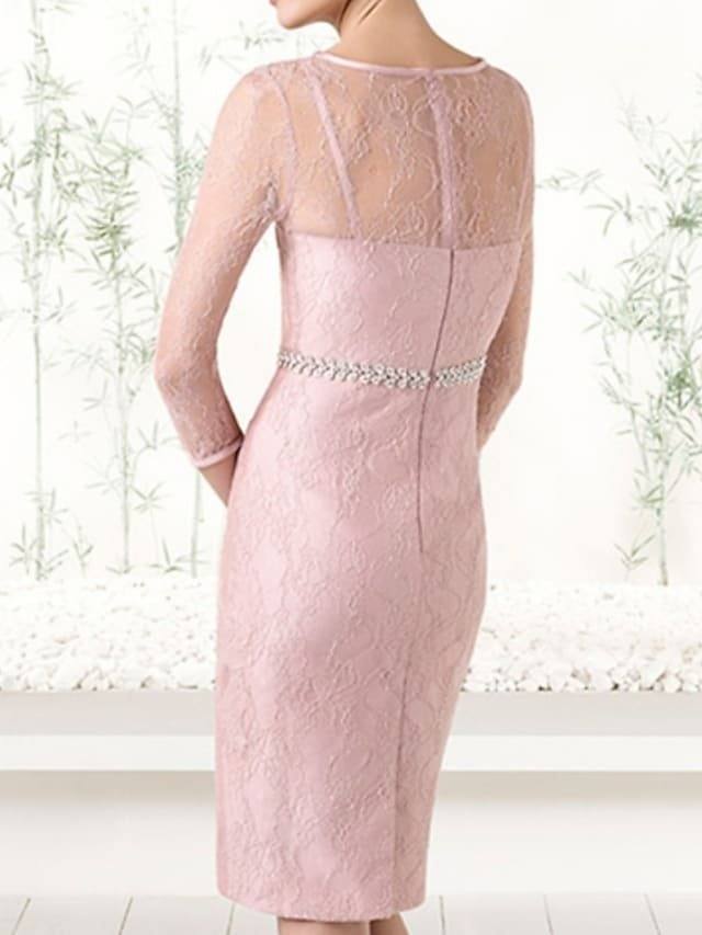 Sheath / Column Mother of the Bride Dress Elegant Jewel Neck Knee Length Chiffon Lace Half Sleeve with Sash / Ribbon - RongMoon