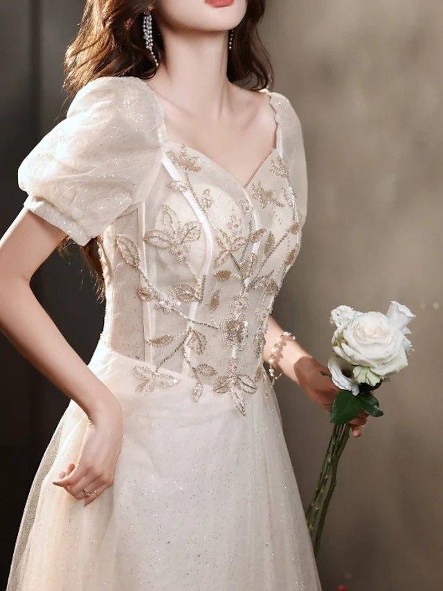 A-Line Luxurious Princess Engagement Prom Dress Off Shoulder Short Sleeve Floor Length Tulle with Appliques - RongMoon