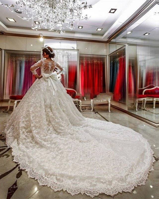 Modest 3/4 Sleeves Ball Gowns Lace Wedding Dresses - RongMoon