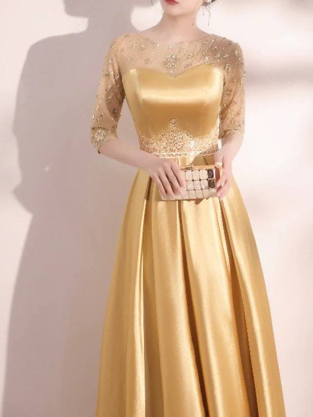 A-Line Elegant Homecoming Formal Evening Dress Jewel Neck Half Sleeve Floor Length Satin with Appliques - RongMoon
