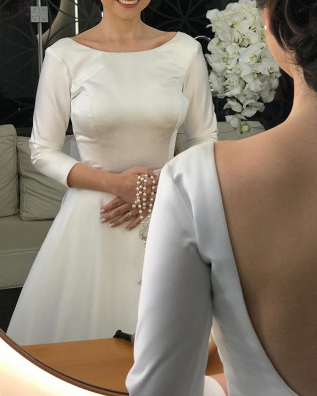 Tulle And Satin Bow Back Wedding Dresses With Sleeves