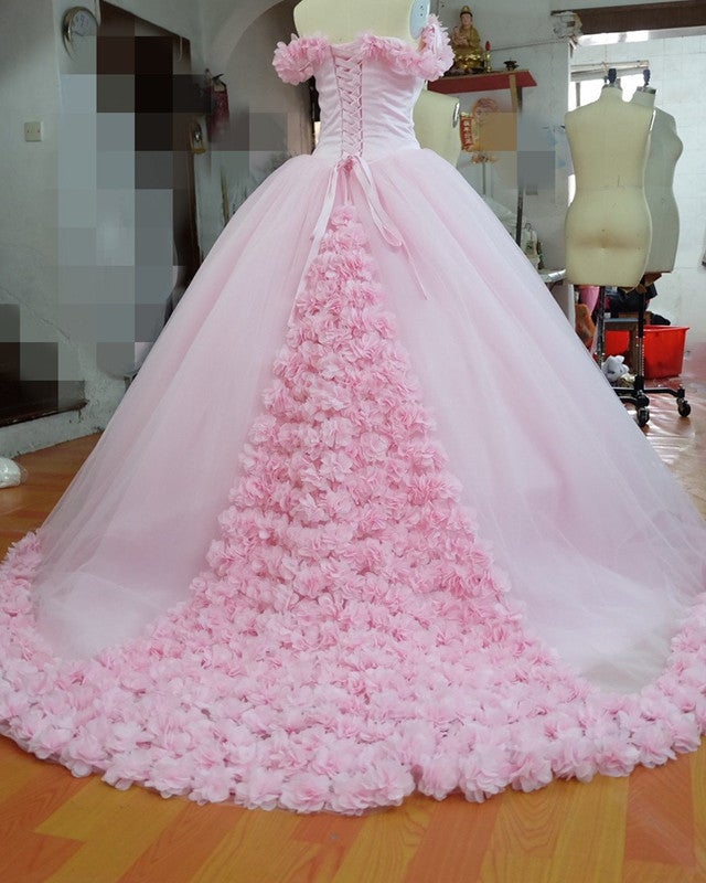 Tulle Flower Dresses Ball Gowns With Off Shoulder