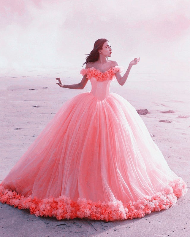 Tulle Flower Dresses Ball Gowns With Off Shoulder